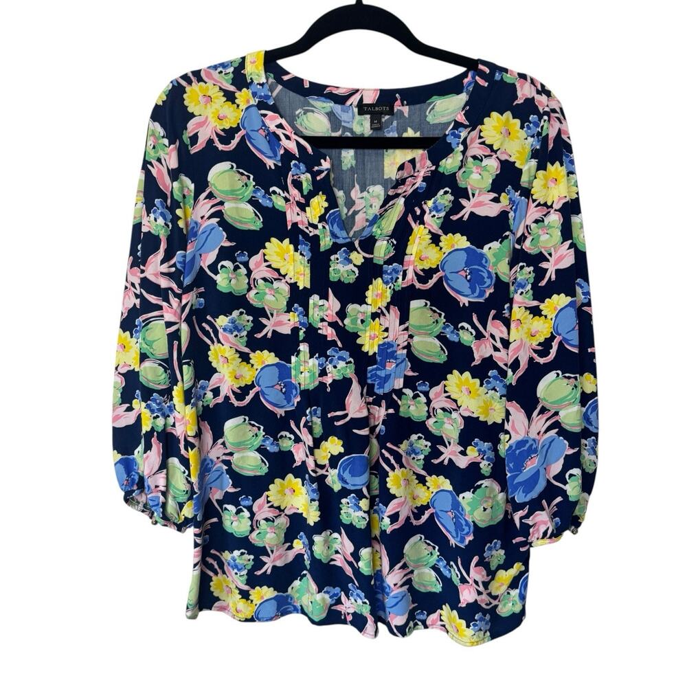 Talbots Blouse M Blue Floral Peasant Popover Shirt Top Boho Pleats Office Career